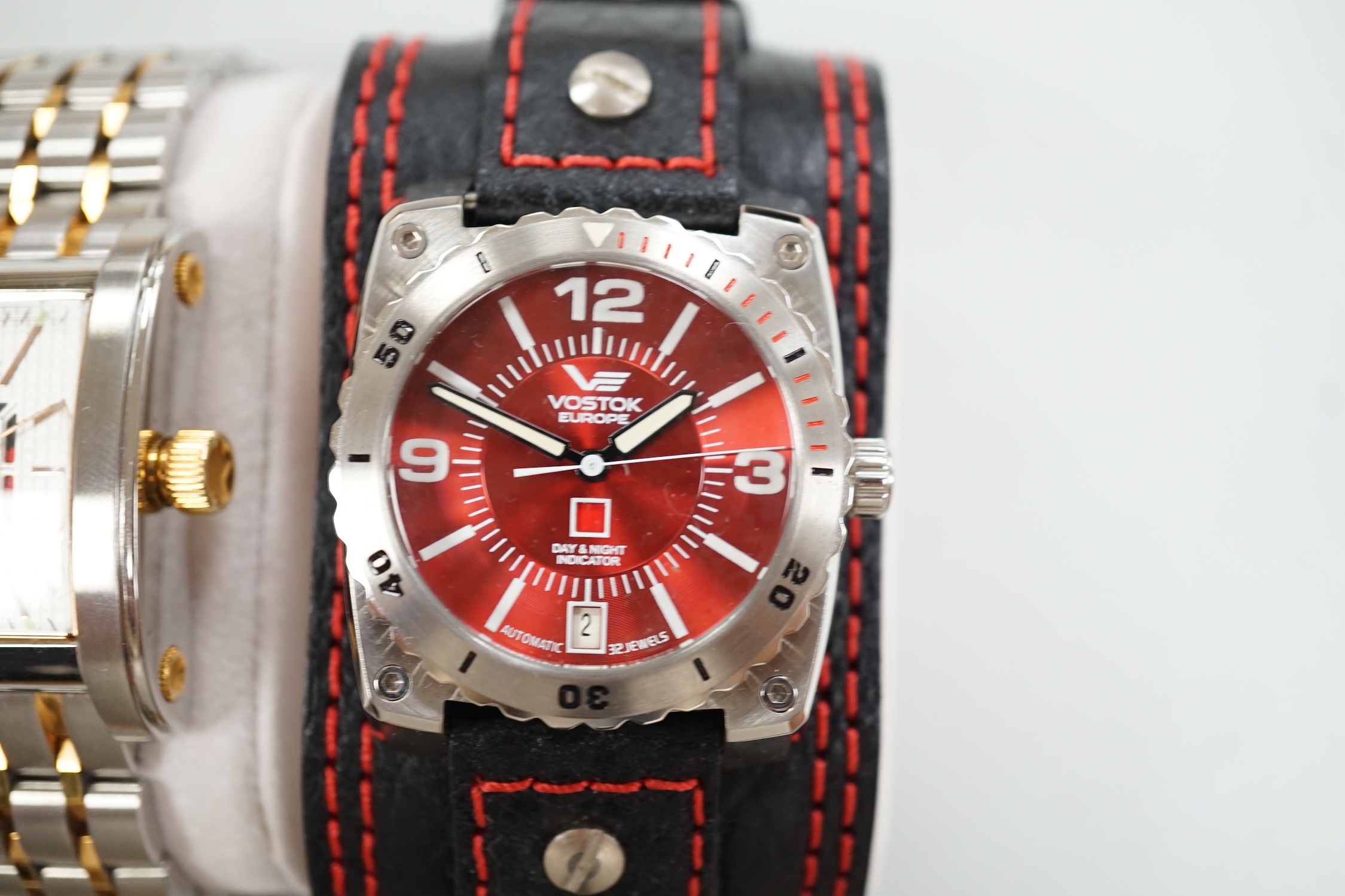 Two gentleman's modern stainless steel Vostok Europe automatic wrist watches, Red Square and Lunokhod.